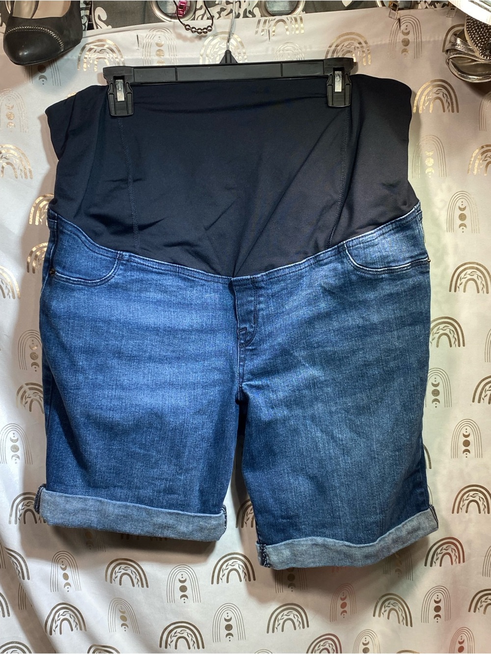 Maternity Denim Bermuda Shorts with Black Support Waistband - Dark Blue